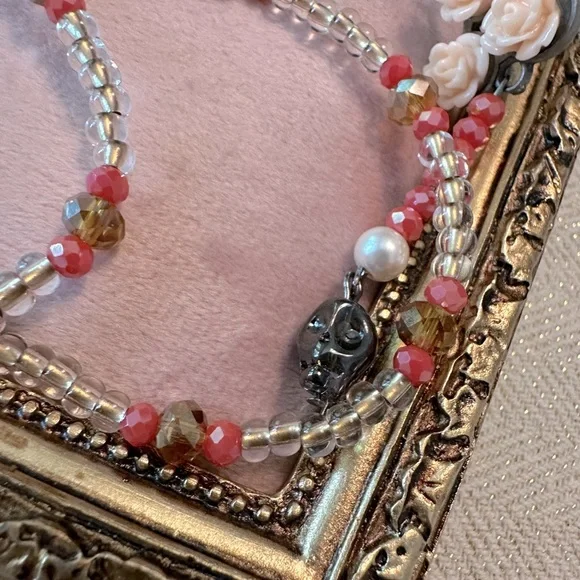 Handmade Skull & Roses Whimsical Necklace, Bracelet & Earrings Set Coral Peach - Picture 13 of 17